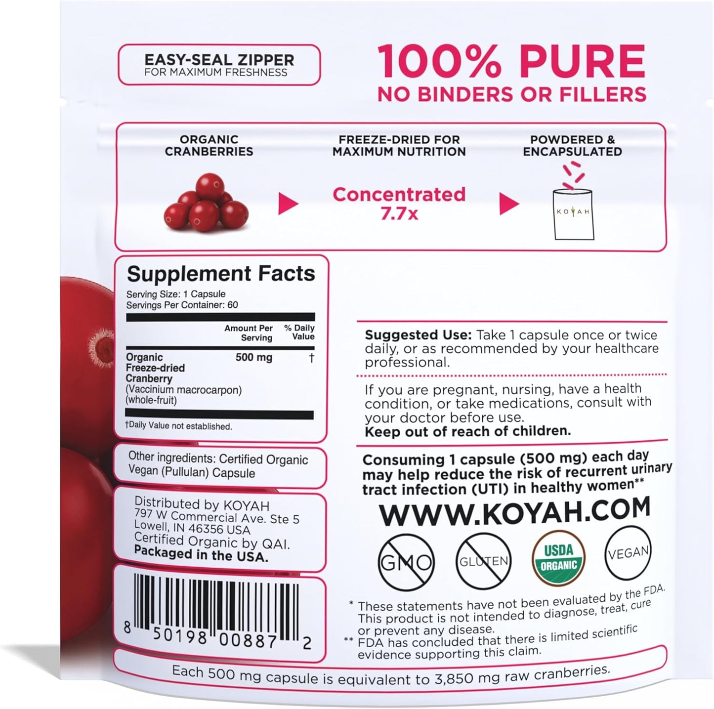 KOYAH - Organic Cranberry Capsules – 500 mg, Freeze-Dried, Whole-Berry, Vegan, Non-GMO, Supports Urinary Tract & Antioxidant Health, 60 Capsules