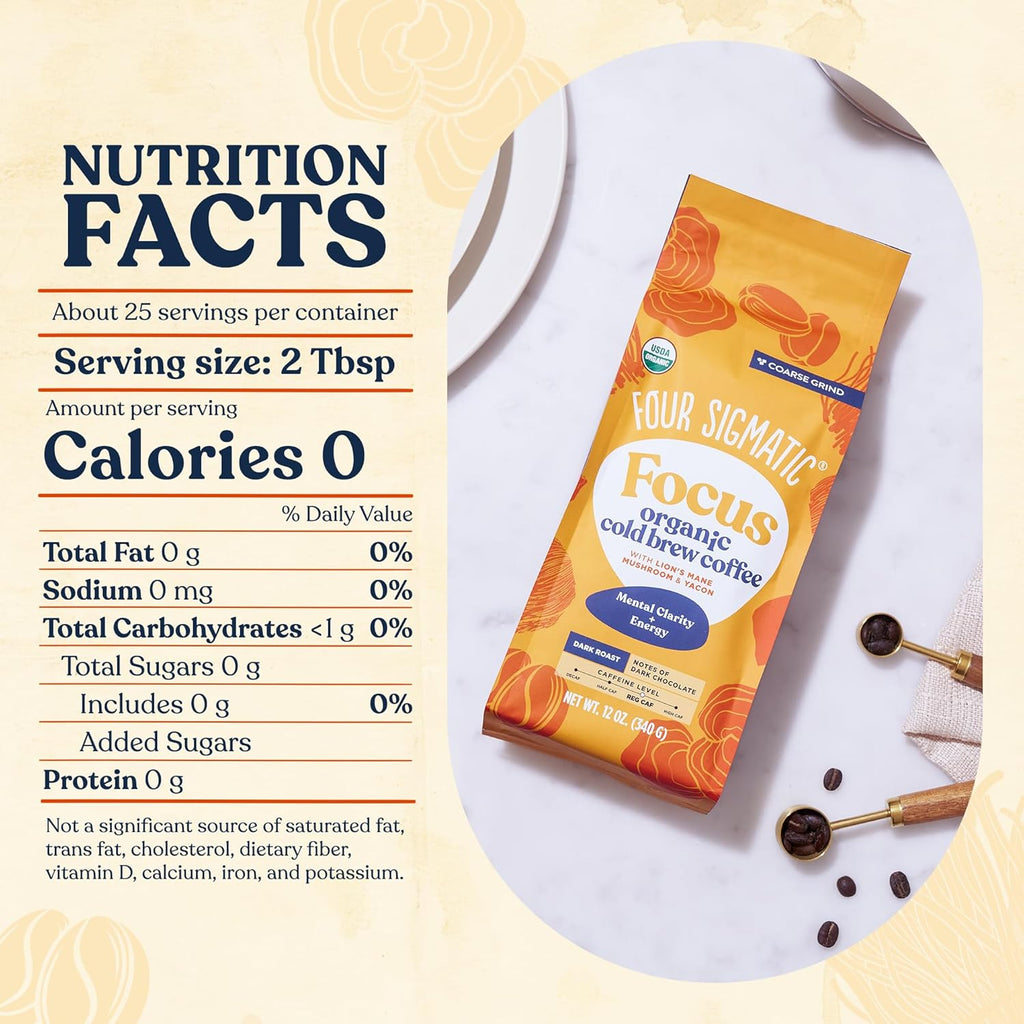 Four Sigmatic Organic Cold Brew Coffee Grounds | Dark Roast, Coarse Grounds with Lion's Mane and Chaga | Cold Brew Mushroom Coffee for Crash-Free Focus | 12 oz Bag