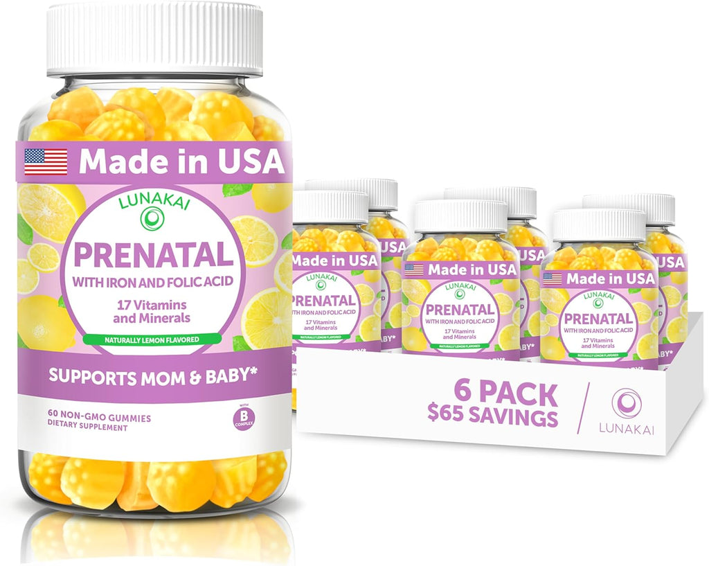 Lunakai USA Made Prenatal Vitamins for Women with Iron & Folic Acid - Delicious Prenatal Gummies, Non-GMO, Gelatin-Free - 6 Pack