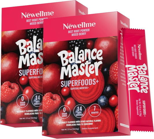 NEWELLME Balance Master Super Reds Beet Root Powder for Smoothies, Baking & Juices – Red Fruits & Greens Blend for Natural Energy & Vegan Red Food Coloring – Mixed Berry Flavor, 28 Pack