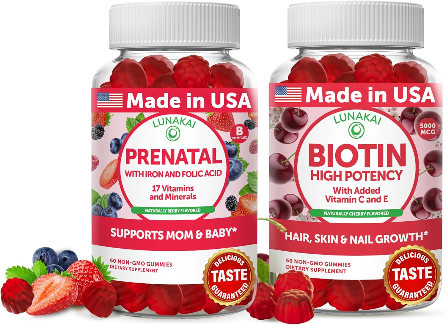 Lunakai Prenatal and Biotin Gummies Bundle - Pregnancy Multivitamin Gummy with Iron & Folic Acid - Hair Skin and Nails Growth Supplement with Vitamin C and E - 30 Days Supply