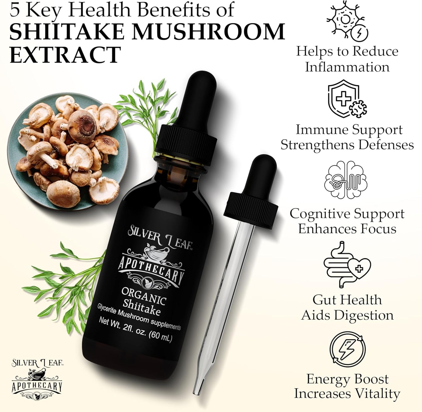 Organic Triple-Extracted Shiitake Mushrooms Tincture Immune Support Supplement for Overall Wellness Grown and Harvested in USA - 2 Fl Oz (60 mL)