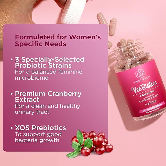 VeeFresh VeeBiotics Cranberry Probiotics for Women - 60 Capsules Women's Probiotics with Prebiotics & Cranberry Extract for pH Balance & Odor Control, Promotes Healthy Vaginal Flora & Overall Wellness