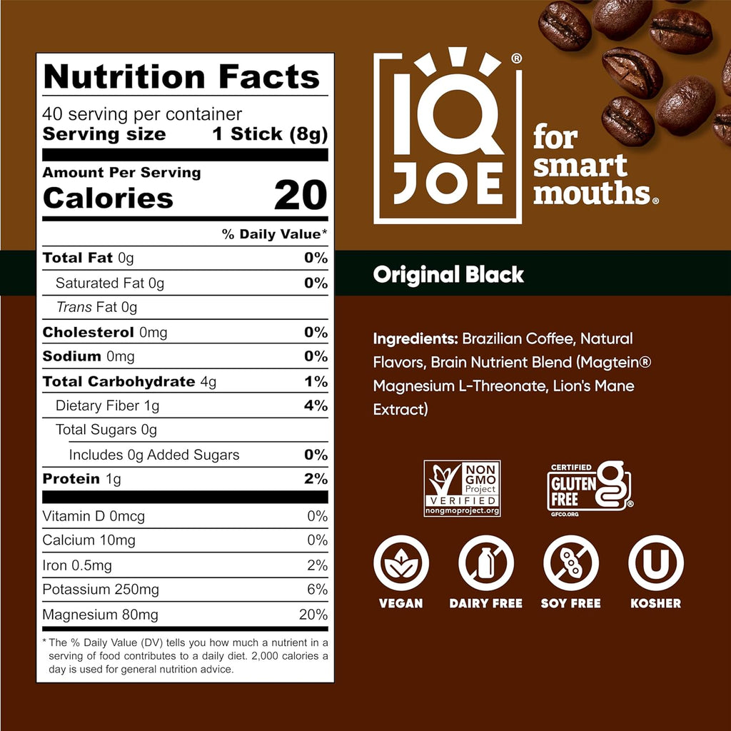 IQJOE Mushroom Coffee Packets (40 Servings) Lion’s Mane, Magtein Magnesium, Antioxidants, Adaptogens - Original Black - Instant Coffee for Focus, Clarity, Mood, Energy Boost - Sugar Free, Keto, Vegan