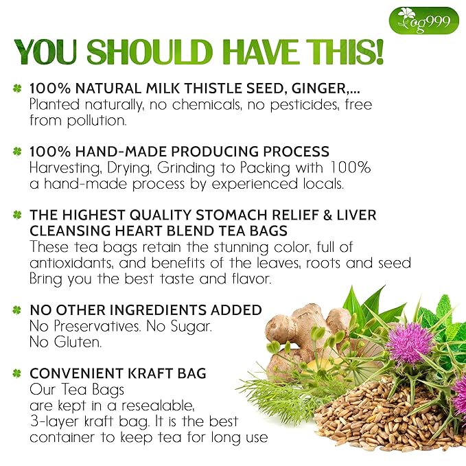 TOG999, Premium Stomach & Liver Herbal Tea – 60 Tea Bags – Milk Thistle Seed, Ginger, Fennel, Peppermint & Licorice – Caffeine-Free – Soothing & Refreshing Herbal Blend for Daily Enjoyment