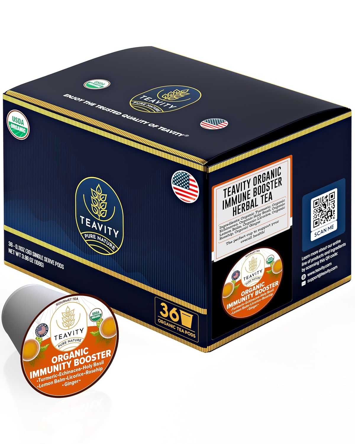 Organic Ginger Tea Pod with Echinacea, Turmeric, and Licorice for Keurig, Decaf by Teavity (36 Tea Pods)