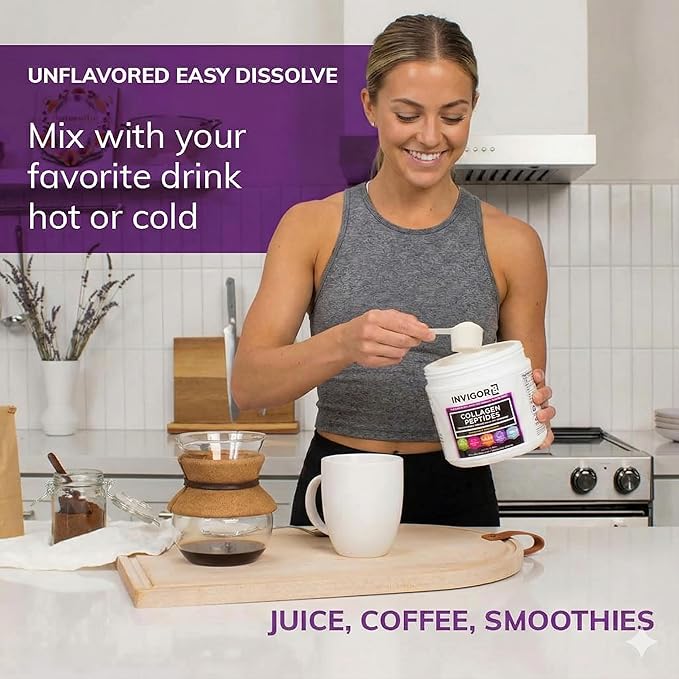 INVIGOR8 Collagen Peptides Powder Hydrolyzed + Vitamin C Hydrolyzed Type I, II, & III + Vitamin C Unflavored Non-GMO Grass-Fed Supplement Supports Joints, Skin, Hair, Nails and Anti-Aging (12.4g)