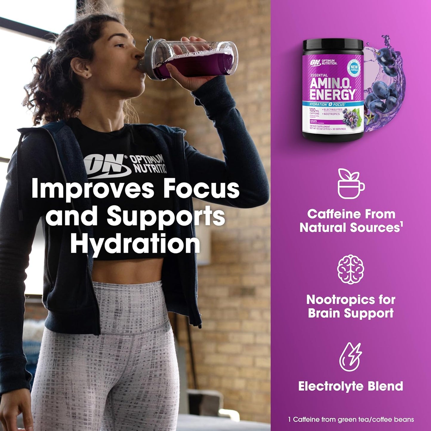 Optimum Nutrition Amino Energy Powder Plus Focus, with BCAA, Electrolytes, and Caffeine, Grape, 30 Servings (Packaging May Vary)