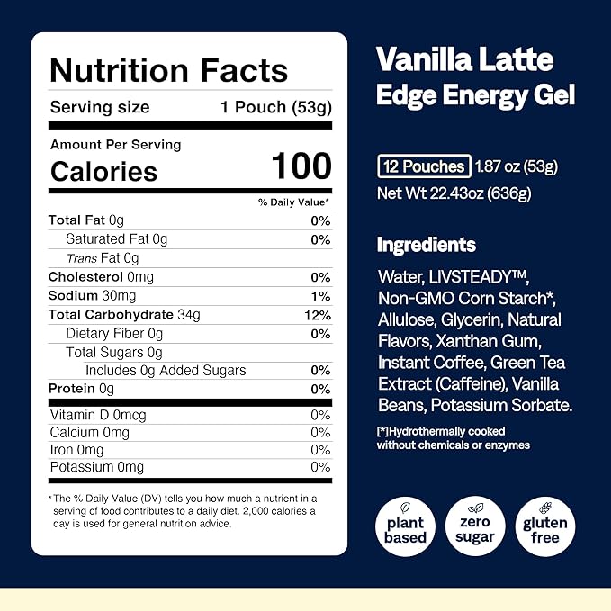 UCAN Edge Energy Gel Shots, Vanilla Latte + Caffeine (12, 2 Ounce Packets) for Running, Training, Workouts, Fitness, Cycling, Crossfit | Sugar-Free, Vegan, & Keto Friendly Energy