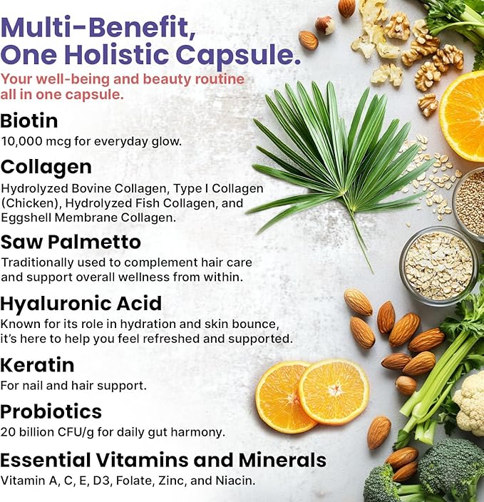 27-in-1 Hair Skin and Nails Vitamins (6810mg) with Biotin 10000mcg - Collagen Supplements for Men and Women - Keratin Supplements with Probiotics and Saw Palmetto, 90ct (2-Pack)