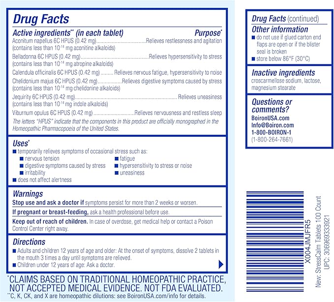 Boiron StressCalm Tabs - 100 Count for Relief of Stress, Anxiousness, Nervousness, Irritability, and Fatigue - Convenient Stress Calm Meltaway Tablets