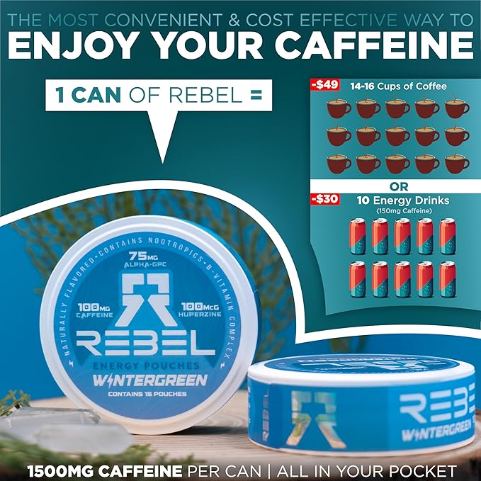 Nootropic Energy Caffeine Pouches (Wintergreen) • 100mg Caffeine • Alpha GPC • Huperzine A & Essential Vitamins • Sugar-Free • Coconut Fiber Technology • 15 Pouches Per Can (Pack of 4)