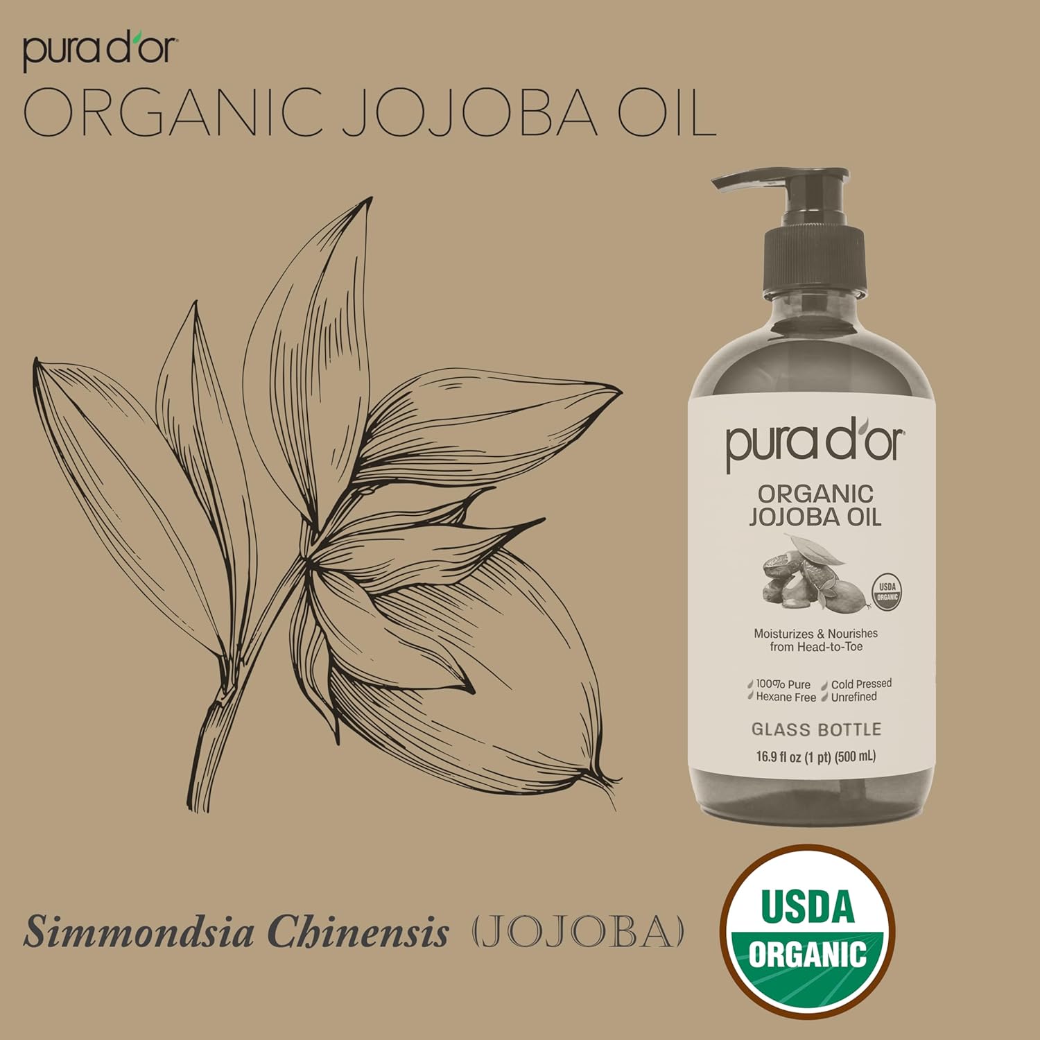 PURA D'OR 16.9 Oz Organic Jojoba Oil (GLASS BOTTLE) USDA Certified - 100% Pure & Natural Moisturizer - Cold Pressed, Unrefined, Hexane Free Base Carrier Oil For DIY Skin Care, Hair, Face & Nails