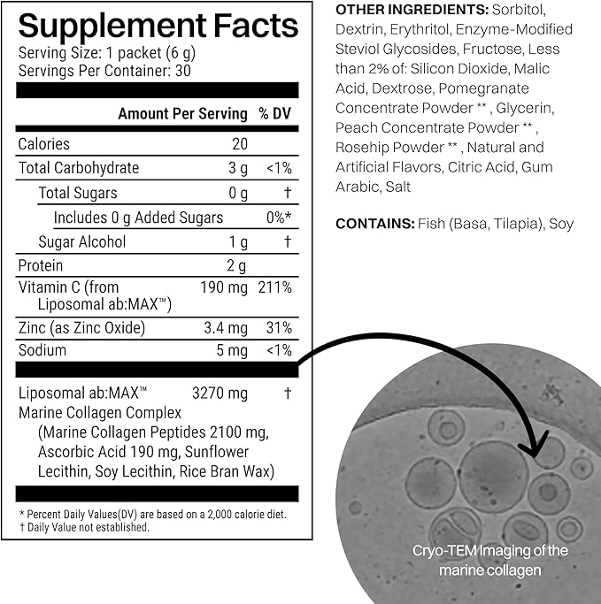 Liposomal Marine Collagen Powder Packets, 2100mg Sugar-Free Flavored Powder, 190mg Vitamin C for Skin, Hair, and Nails, Supports Joint Health - 30 Packets, Peach Pomegranate Flavor