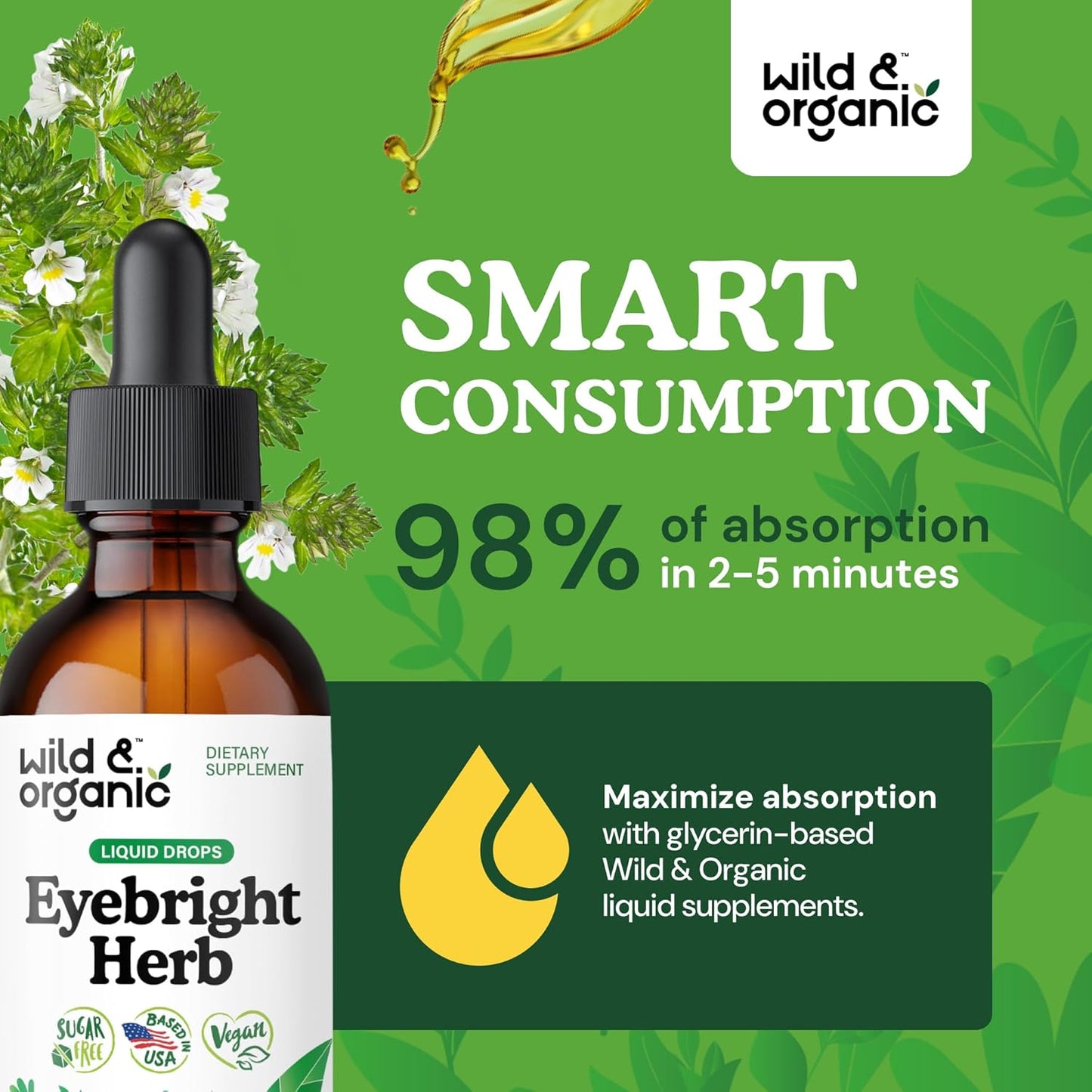 Wild & Organic Eyebright Herb Tincture - Eye Support with Eyebright Supplement - Dietary Euphrasia Extract Liquid Drops - Vegan, Sugar Alcohol-Free - 2 fl oz