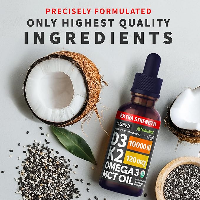 (2 Pack) Extra Strength Organic Vitamin D3 K2 Drops with MCT Oil, Omega 3, 10000 IU - Vitamin D Liquid, No Fillers, Non-GMO D3 for Faster Absorption and Immunity, Unflavored - (2 Fl Oz, 60 Servings)