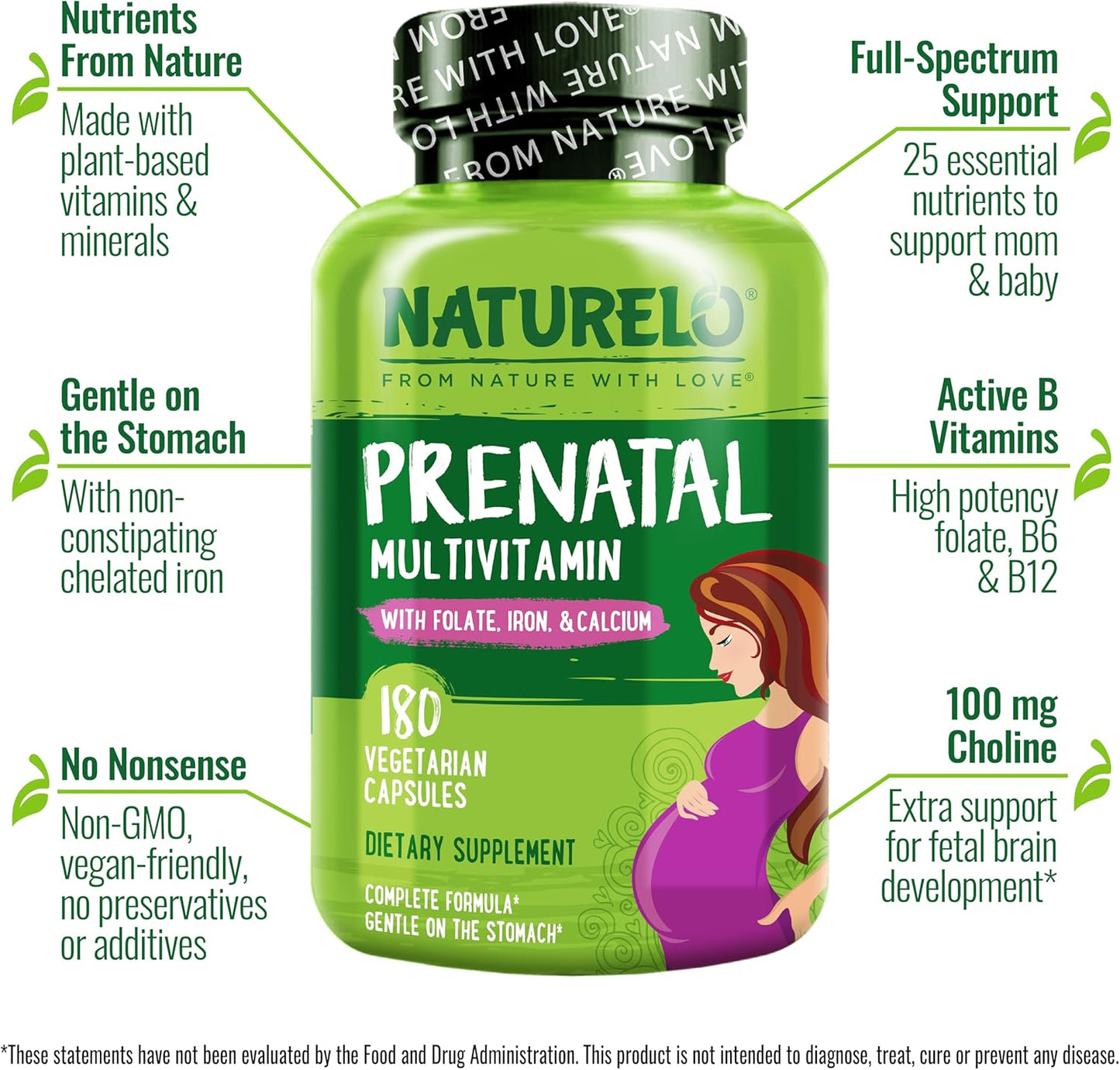 NATURELO Prenatal Multivitamin with Gentle Chelated Iron, Methyl Folate, Plant Calcium & Choline - Vegan, Vegetarian - Non-GMO - Gluten Free - 180 Capsules - 2 Month Supply