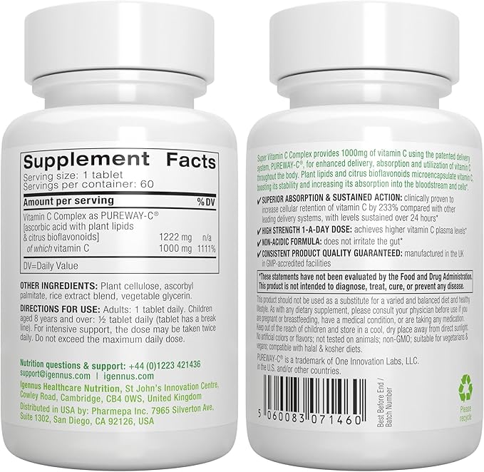 Igennus High Absorption Super Vitamin C, Clean Label Pureway-C 1000mg, Vegan Vitamin C with Bioflavonoids, 60 Servings, 24-Hour Action, Immune Health, Energy, Heart & Brain