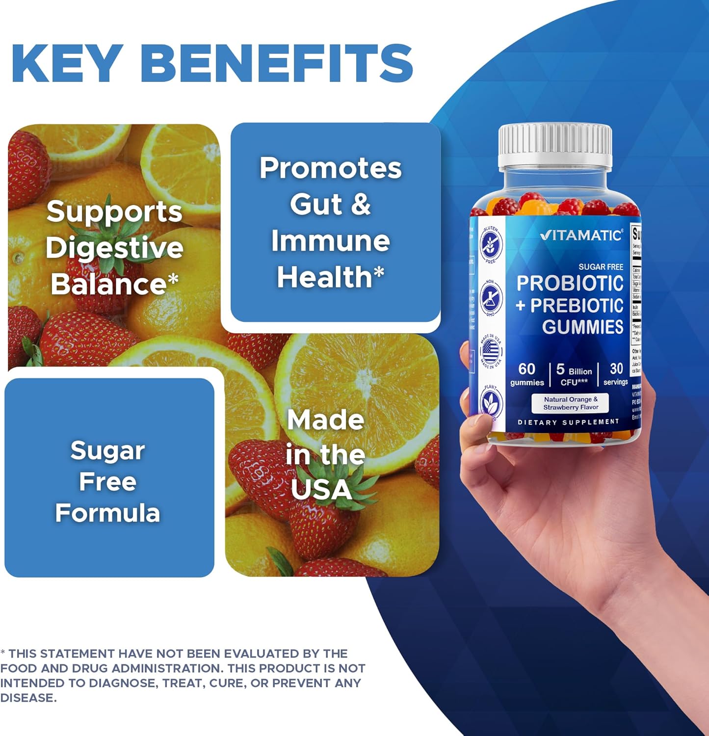 Vitamatic Sugar Free Probiotic Gummies for Men and Women – 5 Billion CFUs - 60Gummies per Bottle | 2 Pack (120 Gummies) Digestive, Immune & Gut Health Support – Gluten Free