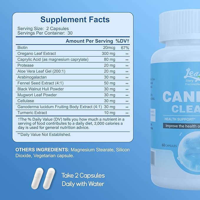 Candida Cleanse for Women, Oregano & Caprylic Acid Gut Cleanse, Herbal Supplement Digestive & Intestinal Health Support, Flora Balance for Gut Health, 60 Capsules