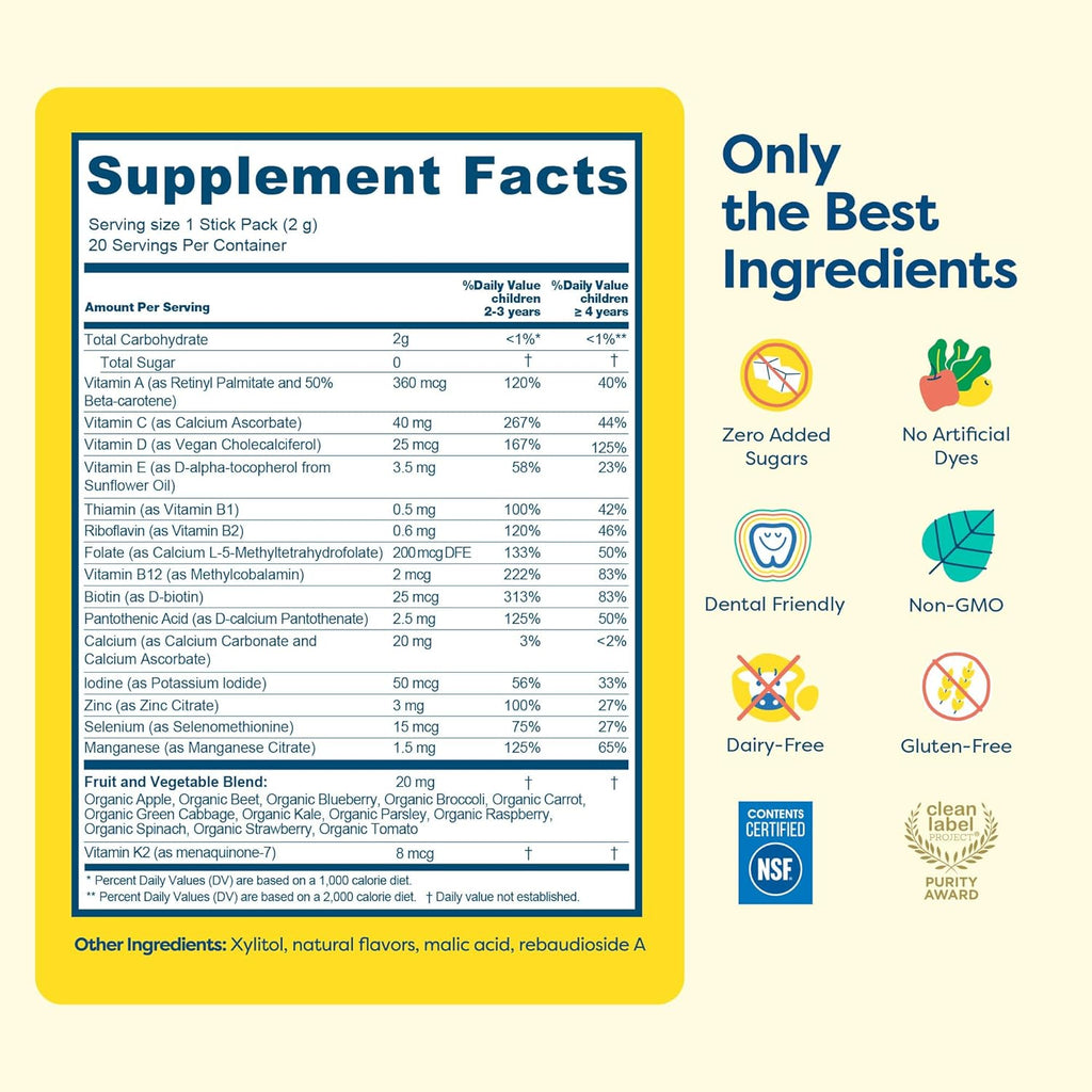 Hiya Kids Multivitamin – 15+ Essential Vitamins & Minerals with Fruits & Veggies for Ages 2+, Supports Growth, Development & Immune, 0g Sugar – 20 Stick Packs for Toddlers & Kids