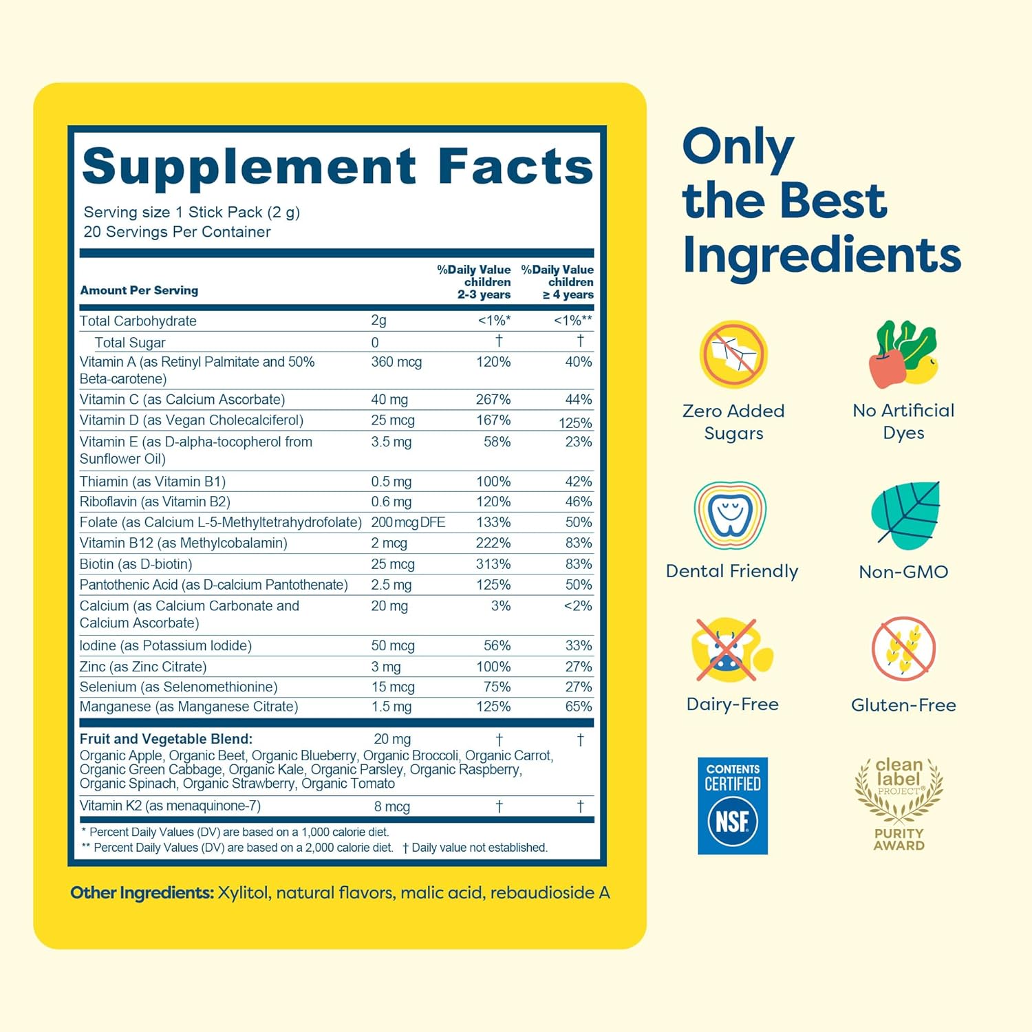 Hiya Kids Multivitamin – 15+ Essential Vitamins & Minerals with Fruits & Veggies for Ages 2+, Supports Growth, Development & Immune, 0g Sugar – 20 Stick Packs for Toddlers & Kids