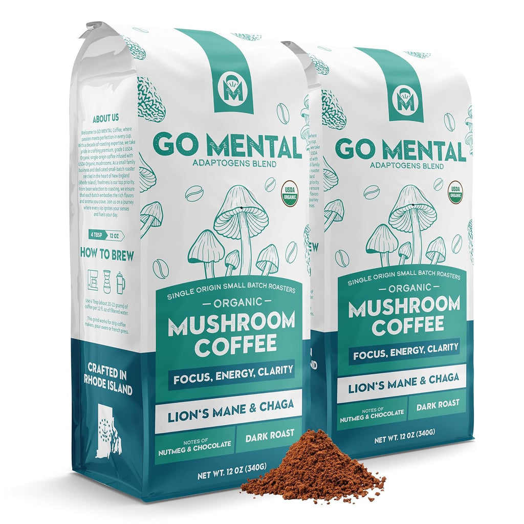 Organic Lion's Mane and Chaga Mushroom Coffee Dark Roast, Full Fruiting Bodies, For Enhanced Brain Function, Immune Support, Wellbeing, Grade 1 Single Origin Peruvian, 12oz - Ground (2 Pack)
