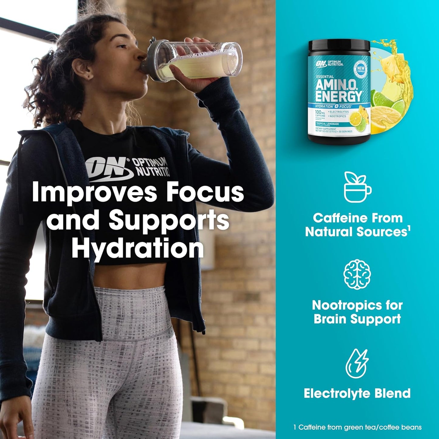 Optimum Nutrition Amino Energy Powder Plus Focus, with BCAA, Electrolytes, and Caffeine, Tropical Lemonade, 30 Servings (Packaging May Vary)