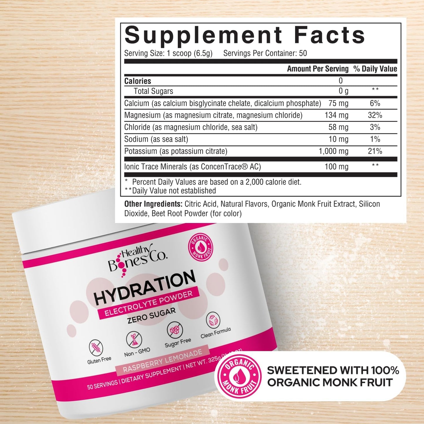 Sugar-Free Electrolyte Powder Drink Mix Fast Hydration Naturally Sweetened with Organic Monk Fruit, Raspberry Lemonade Flavor (325g) with Key Electrolytes and Trace Minerals –Keto Friendly, Vegan