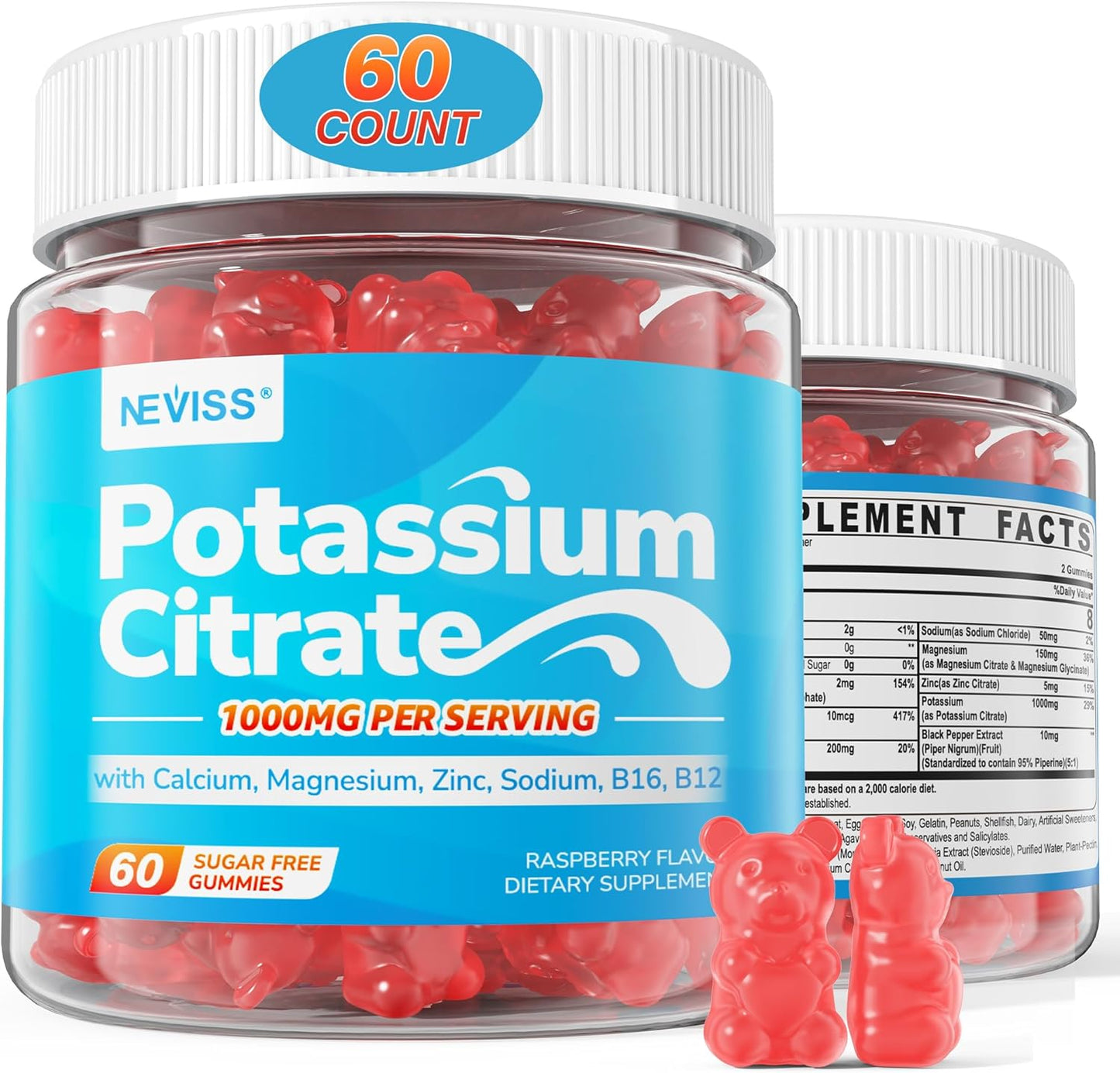 Potassium Citrate 1000mg Gummies, Potassium Magnesium Supplement + Calcium, Zinc, Sodium, Vitamin B6, B12, Support Leg Cramps, Electrolyte Balance, Body Performance, Energy Boost, Sugar Free, 60 Cts