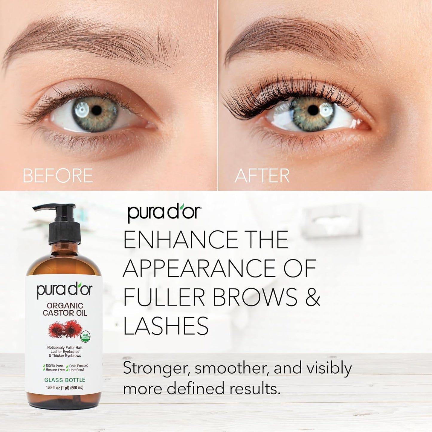 PURA D'OR 16.9 oz Organic Castor Oil (GLASS BOTTLE) Pure Cold-Pressed Hexane-Free USDA Certified – Lashes Brows Hair Scalp Skin – Botanical Moisturizer for Softness Strength Hydration Shine Radiance