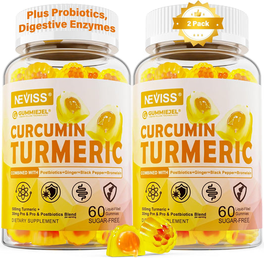 Sugar Free Turmeric Curcumin Filled Gummies 550mg for Adults, Ginger & Black Pepper | 95% Curcuminoids w/Prebiotic Probiotic & Postbiotic Blend, Support, Immune & Digestive Health, Vegan, 2Pack