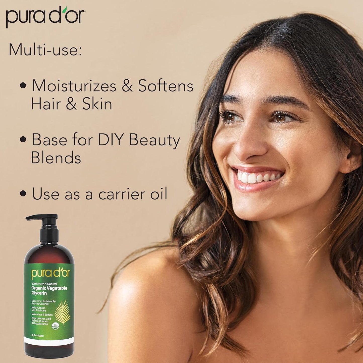 PURA D'OR 24 Oz ORGANIC Vegetable Glycerin - Derived From Coconut - Clear & Odorless - 100% Pure Premium Grade, Non-GMO, Kosher, Vegan, Cold Pressed, For Hair & Body - DIY Skin Care Base