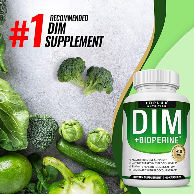 Dim Supplement 910 mg Plus BioPerine Complex - Diindolylmethane to Support Hormone Balance and Estrogen Metabolism, Helps with Menopause Acne PCOS Better Skin Bodybuilding, for Men Women, 60 Capsules