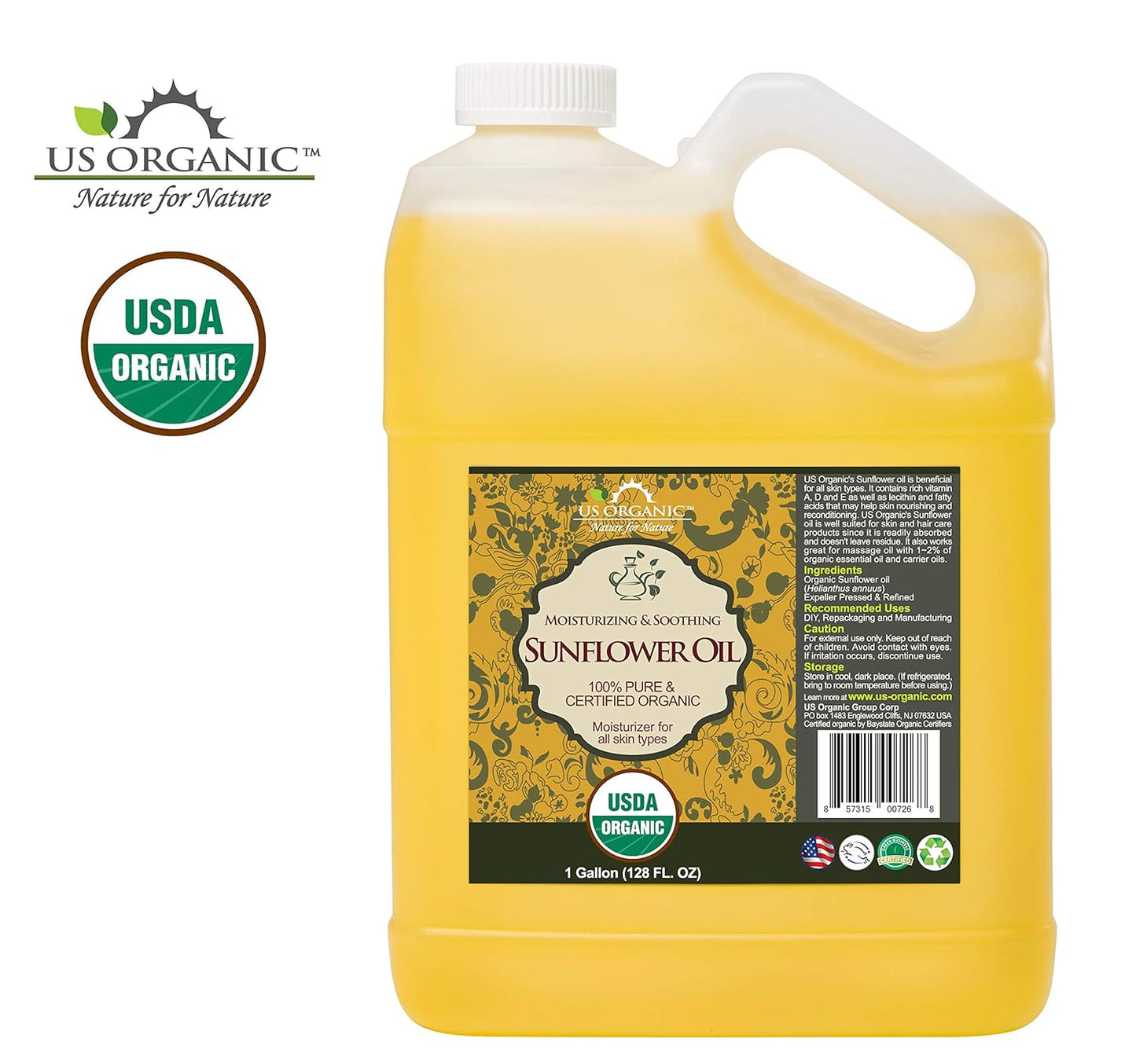 US Organic Sunflower Carrier Oil Bulk Pack, USDA Certified Organic,100% Pure & Natural, Expeller Pressed, for Massage, Aromatherapy or Small Manufacturing, 1 Gallon (128 Ounce)