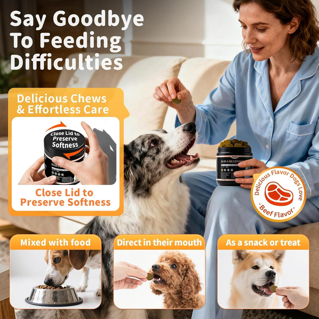 25-in-1 Dog Multivitamin Chews – All-in-One Daily Vitamins & Supplements for Dogs, Joint Support with Glucosamine MSM, Omega-3 Skin & Coat, Gut, Heart & Brain, All Breeds & Ages, Beef, 60Ct