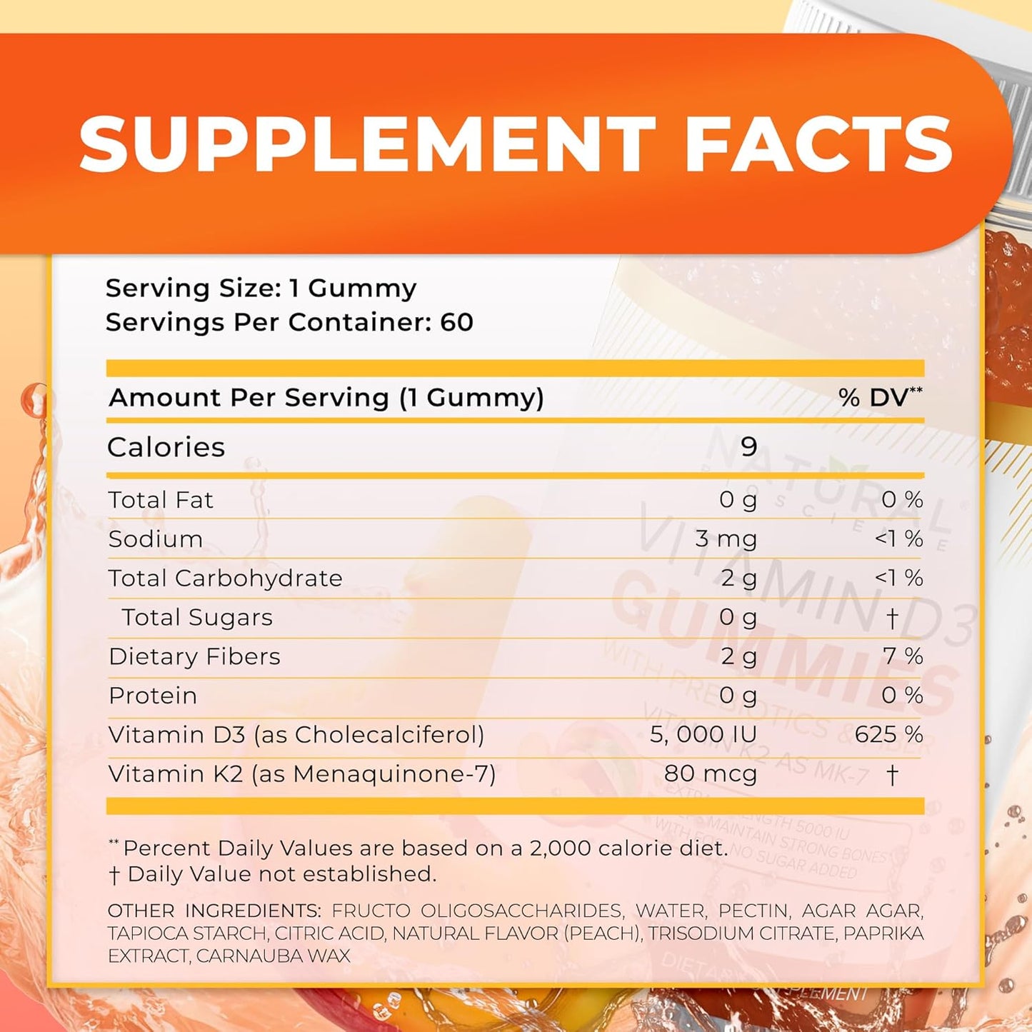 Sugar Free Vitamin D3 K2 Gummies - Vitamin D3 Gummies 5000 IU+K2 MK7 80 mcg, K2 D3 Vitamin Supplement Adults, Vitamin D K2 for Bones, Immune, Heart, Mood, Gluten-Free, Non-GMO, Natural Peach Flavor