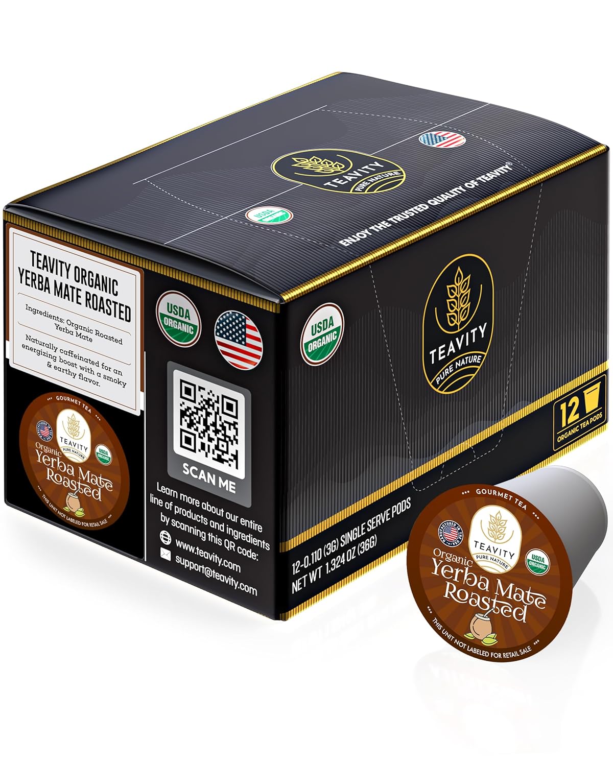 Organic Yerba Roasted Mate Tea Pods for Keurig by Teavity (12 Tea Pods)