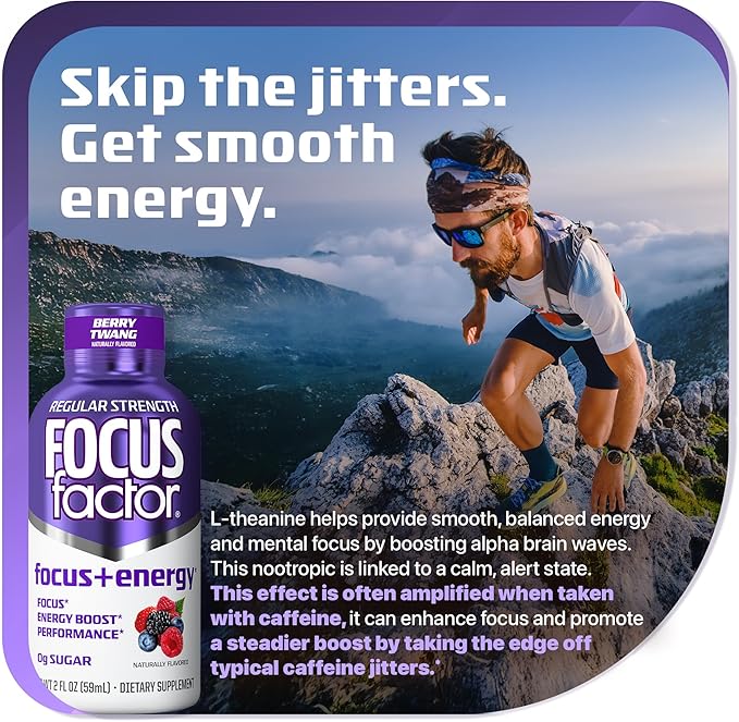 Focus Factor Focus + Energy Shots - 12 x 2oz Bottles (Berry Twang Flavor) - Powered by Nootropics with Caffeine, L-Theanine, Ginkgo, Bacopa, L-Tyrosine, Alpha GPC