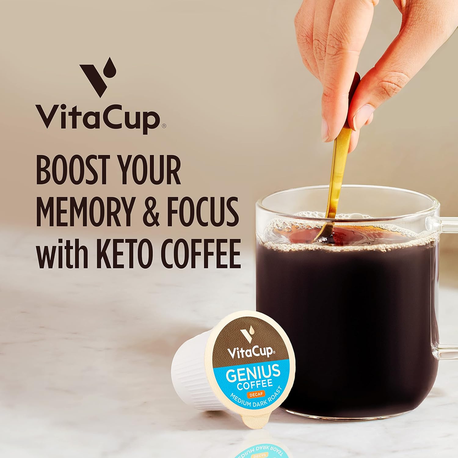 VitaCup Decaf Genius Keto Coffee Pods with MCT Oil, Turmeric, and Vitamins B1, B5, B6, B9, B12, D3 for Focus in Recyclable Single Serve Pod Compatible with K-Cup Brewers Including Keurig 2.0, 64 CT