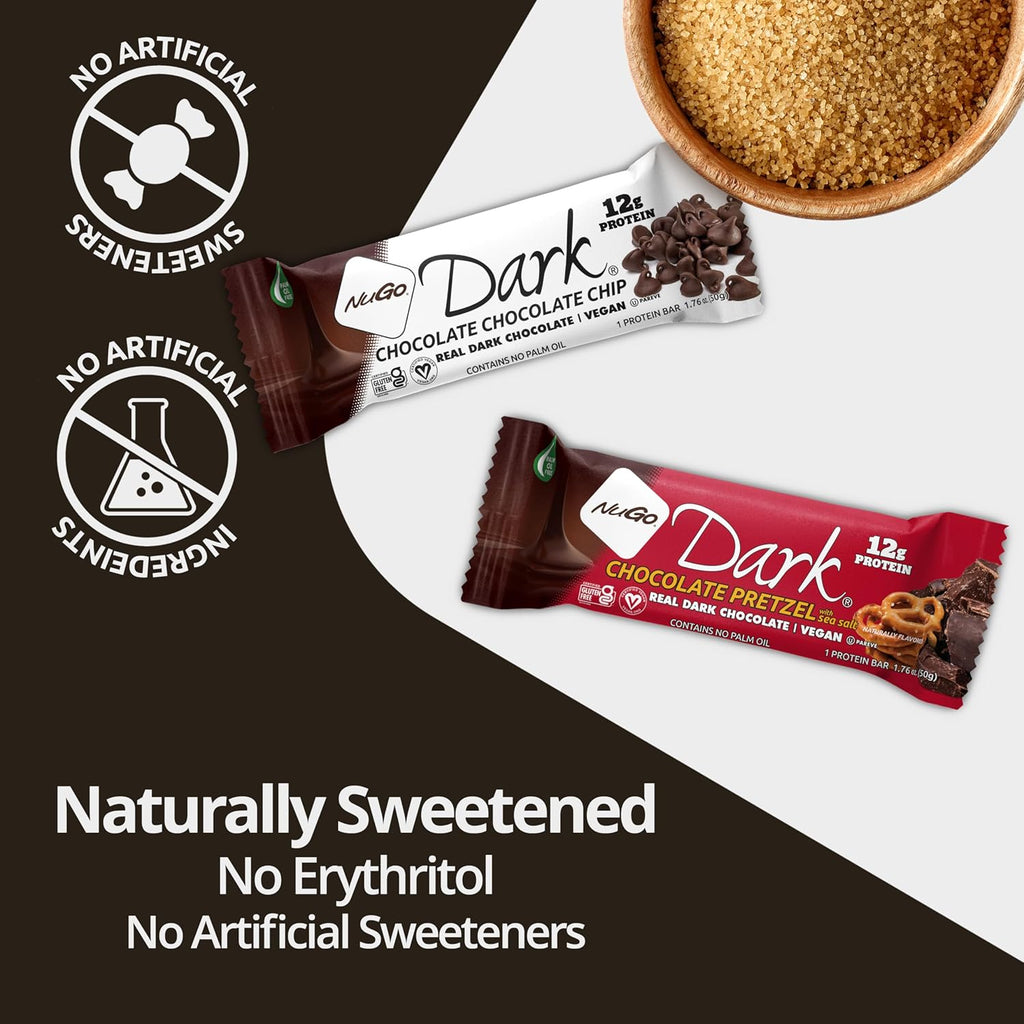 NuGo Dark Variety - Pretzel with Sea Salt 12 Bars & Dark Coconut 12 Bars, 10-12g Protein Bar, Vegan, Gluten Free, Non-GMO, Kosher Pareve, 24 Count