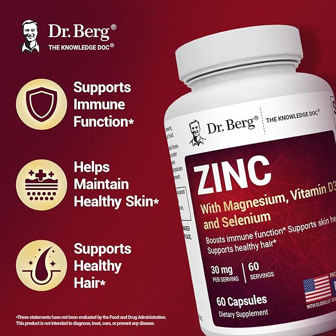 Dr. Berg Zinc 30mg Enhanced with Magnesium, Vitamin D3, Selenium, & Copper - Zinc Supplements for Men & Women - Chelated Zinc for Immune, Skin, Hair, & Nails Support* - 60 Capsules