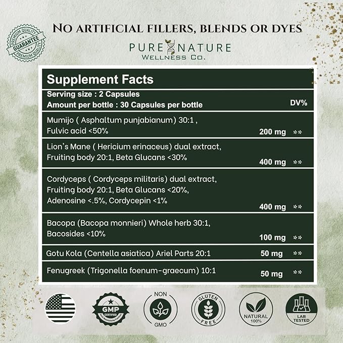 Pure Nature Wellness Focus + Energy + Immune Support-6-in-1 Nootropic & Mitochondrial Complex-Advanced Brain Supplement-Natural Energy-Caffeine Free Biohack with Lion’s Mane,Cordyceps,Mumijo,Fenugreek