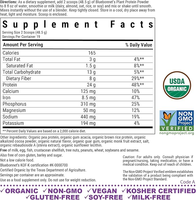 BlueBonnet Nutrition Organic Plant Protein Powder, 24g Plant Based Protein, Zero Sugar, 8g Prebiotic Fiber, USDA Organic, Non-GMO, Kosher, Gluten-Free, Soy-Free, Vegan, Chocolate Flavor, 19 Servings