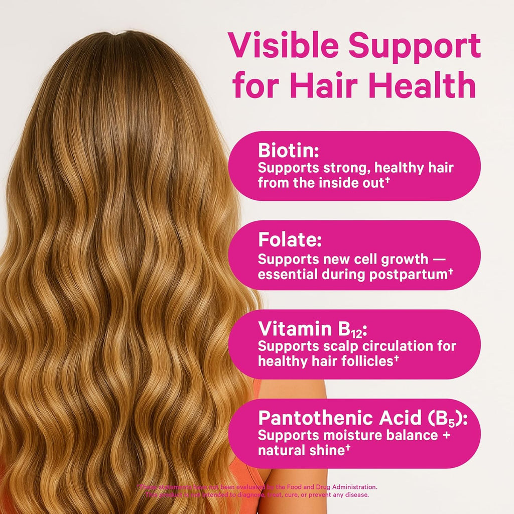 Pink Stork Postpartum Hair Loss Gummies | Biotin, Pantothenic Acid, Vitamin E, B6, B12 | Postnatal Hair Growth + Regrowth Support | Breastfeeding-Friendly | Postpartum Essentials | 60 Gummies