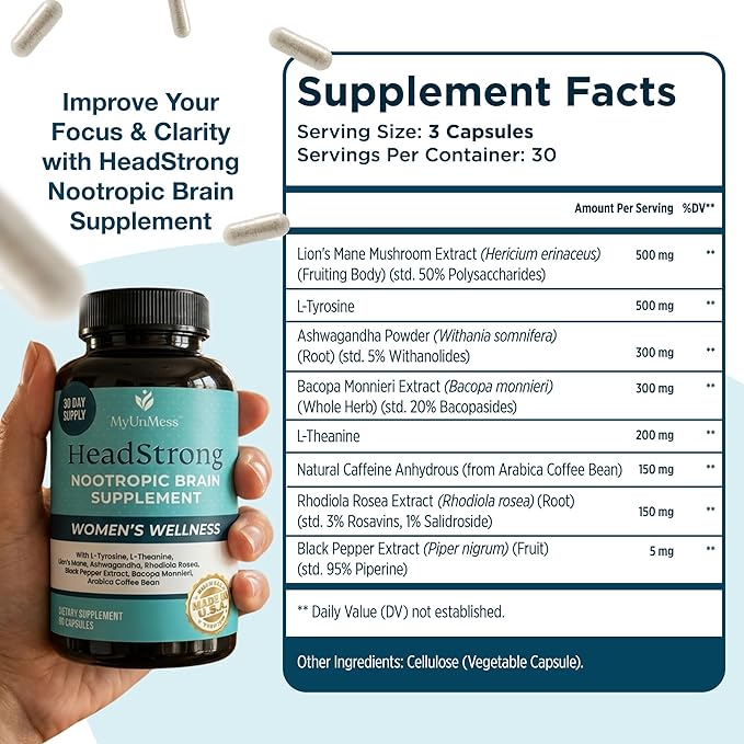HeadStrong Nootropic Brain Supplement for Women – Cognitive Support Supplements – Advanced Memory Formula for Mood Support & Daily Wellness – Unflavored, Vegan & Gut-Friendly – 90 Capsules