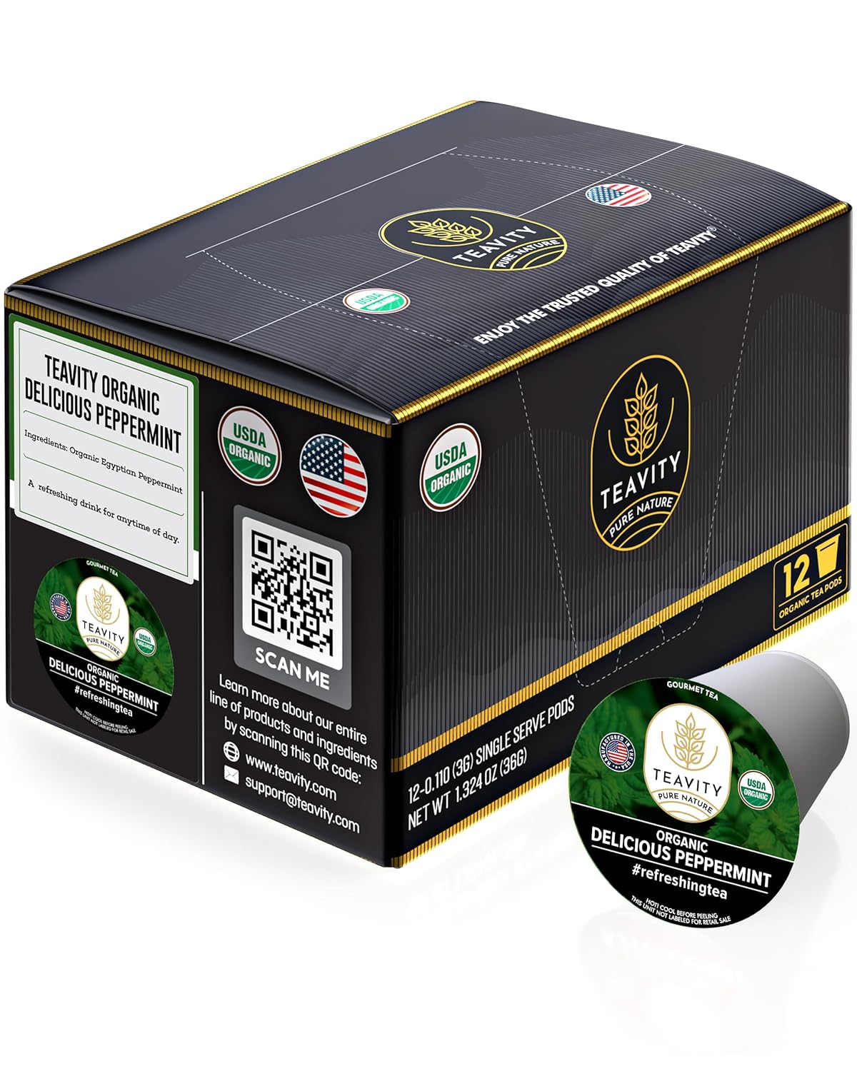 Organic Peppermint Tea Pods for Keurig - Decaf Tea by Teavity (12 Tea Pods)