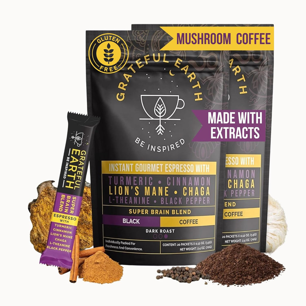Grateful Earth Mushroom Coffee, Espresso Instant Coffee with Cinnamon, Turmeric, Lion’s Mane Mushrooms, L-Theanine, Chaga Super Brain Blend, Energy & Immune Support, Dairy & Gluten Free, 2 Bags, 40 Ct