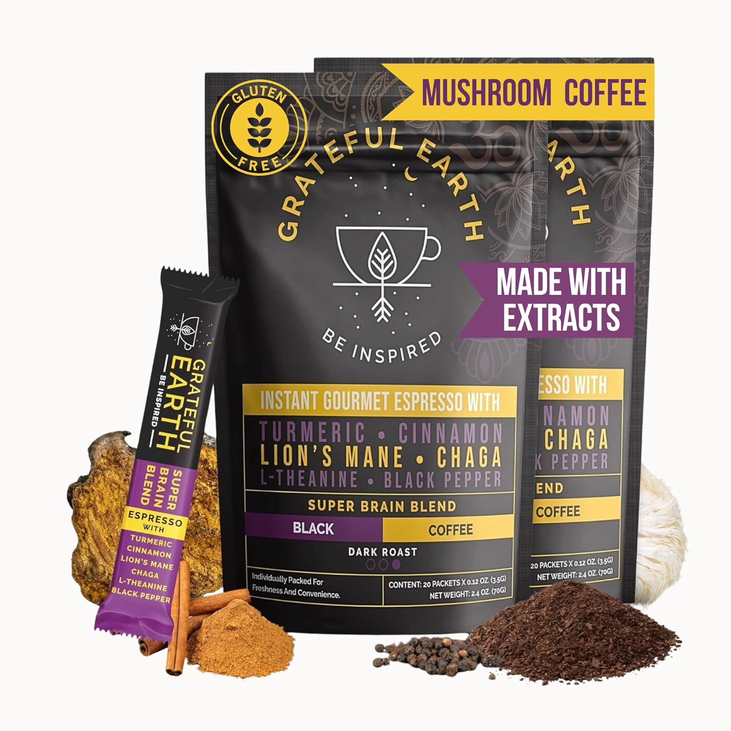 Grateful Earth Mushroom Coffee, Espresso Instant Coffee with Cinnamon, Turmeric, Lion’s Mane Mushrooms, L-Theanine, Chaga Super Brain Blend, Energy & Immune Support, Dairy & Gluten Free, 2 Bags, 40 Ct