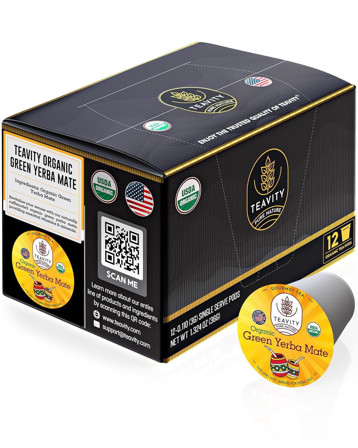 Organic Yerba Mate Tea Pods for Keurig - Green, Unsmoked Yerba Mate by Teavity (12 Tea Pods)